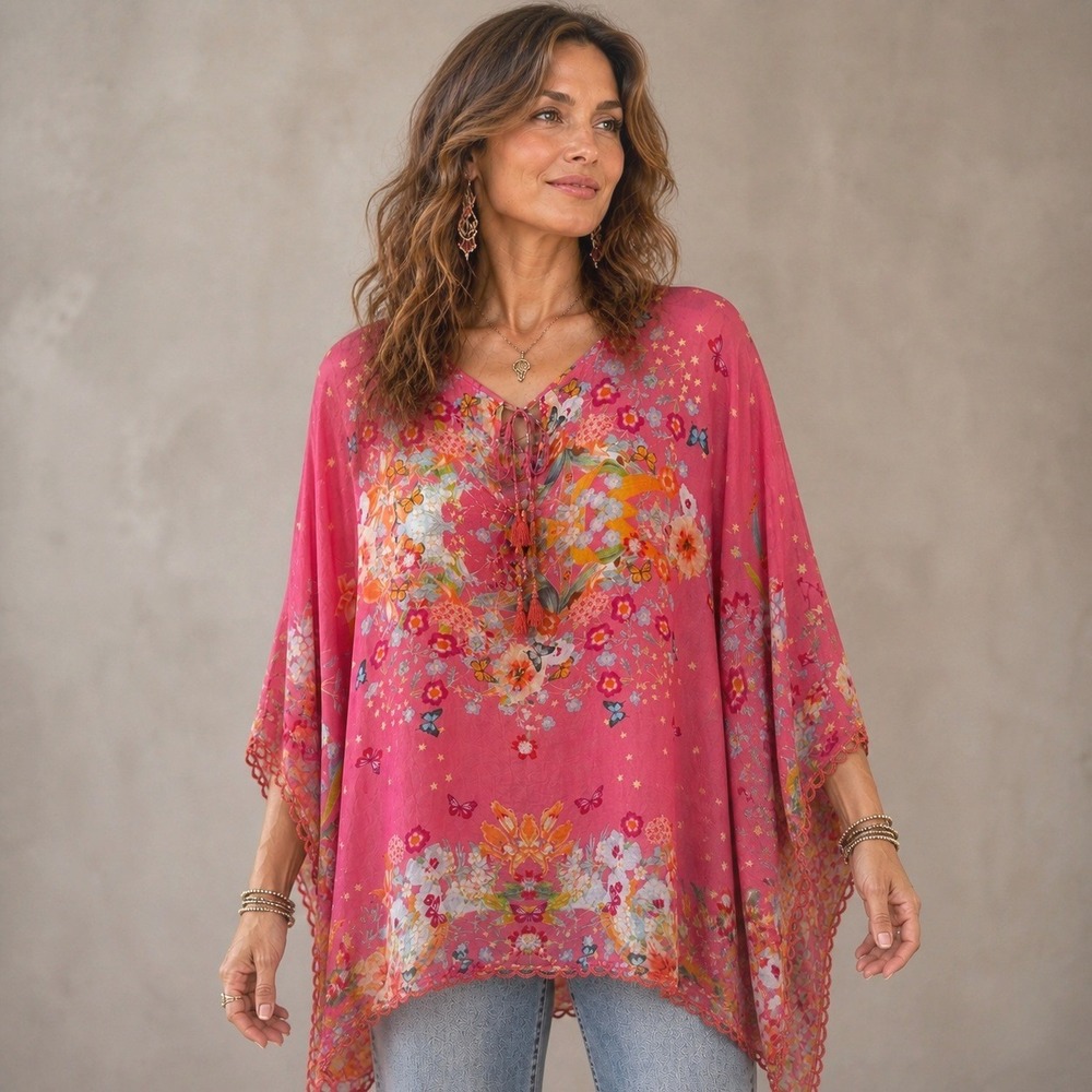 Johnny Was Silk Floral Butterfly Caftan Blouse One Size Top Boho Fairycore